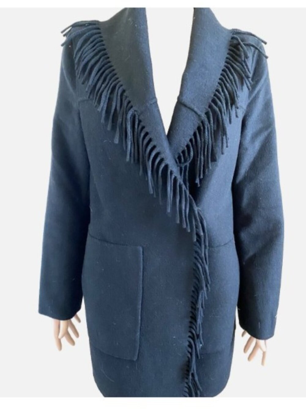 TAHARI Black Wool Blend Wide Fringe Blazer Jacket Coat Pockets Small Excellent